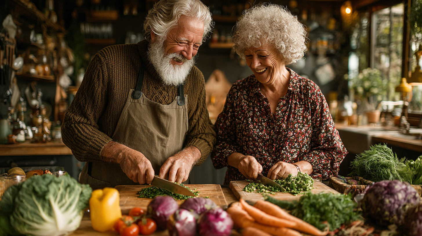 Щаслива пара старшого віку готує здорову їжу разом